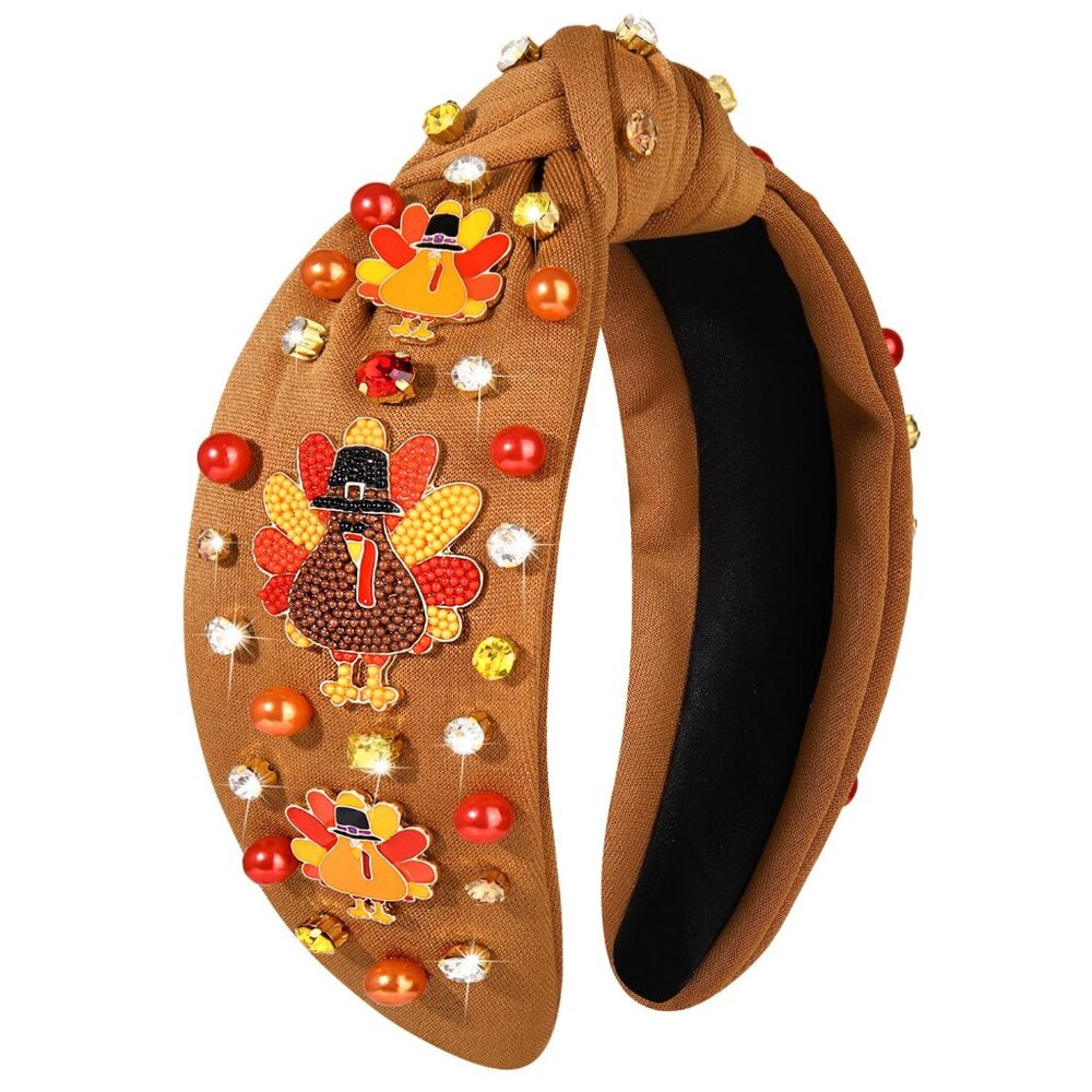 Beaded Turkey Fall Pearl Rhinestone Knotted Thanksgiving Headband for Women's
